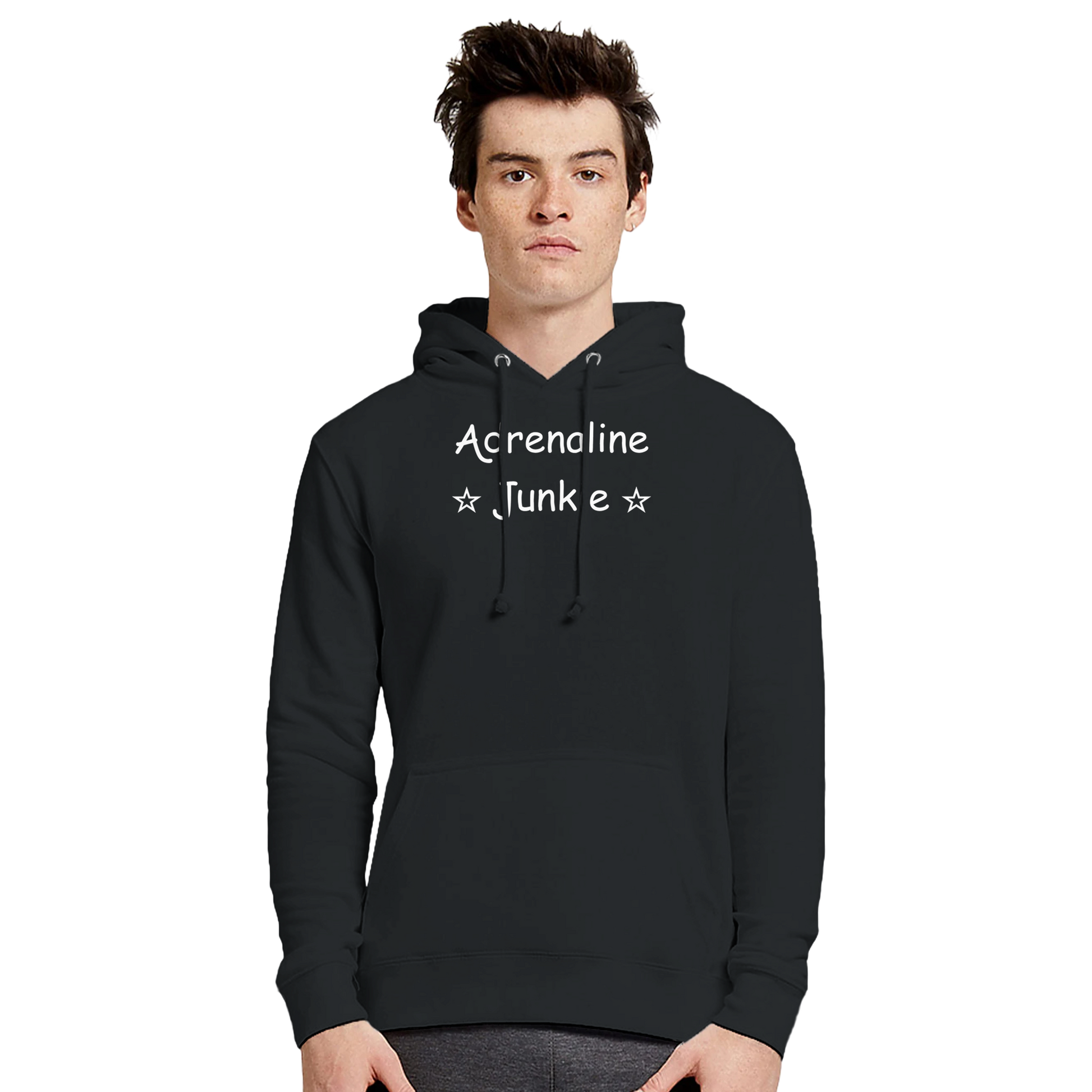 Male model wearing black Premium Pullover Hoodie with Adrenaline Junkie design