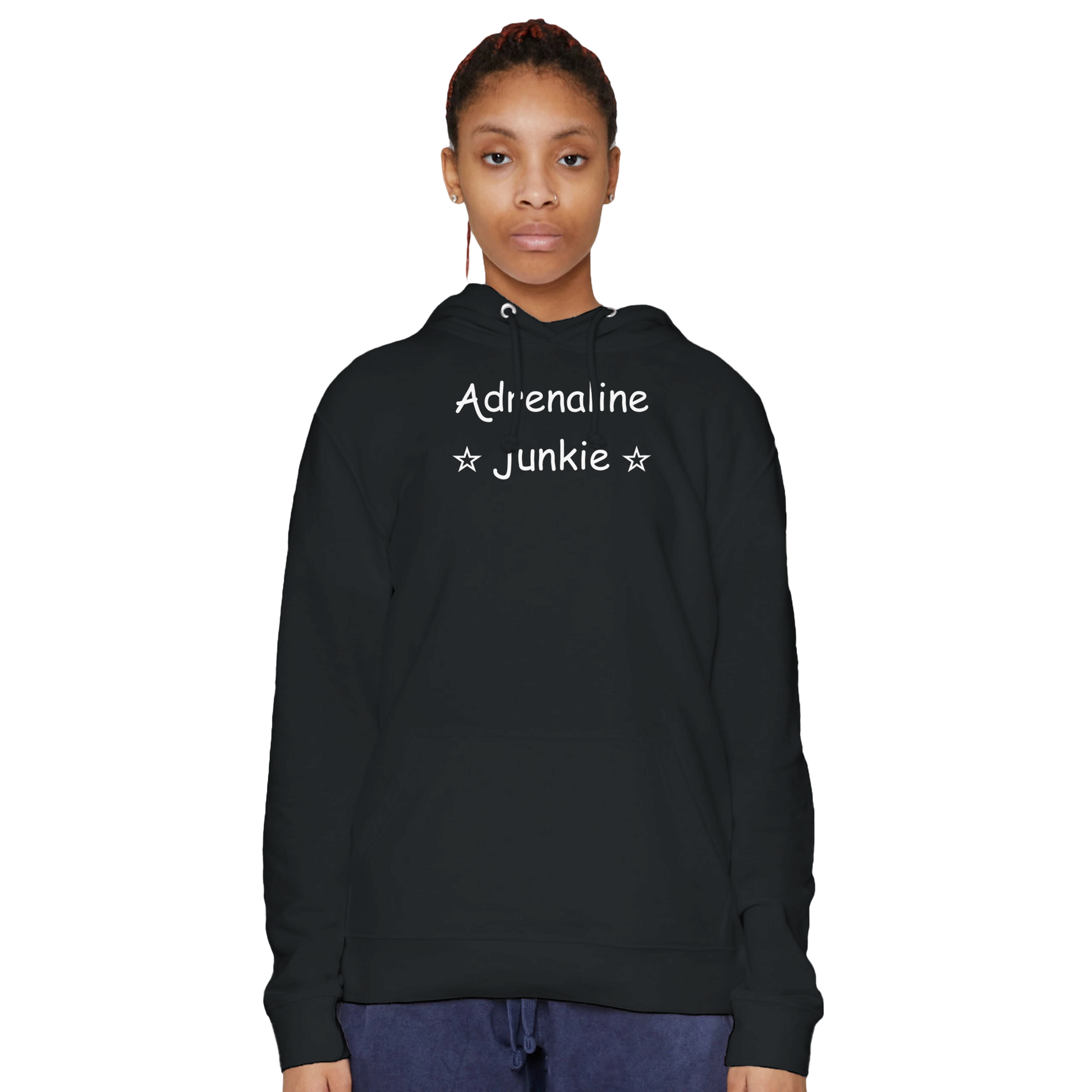 Female model wearing black Premium Pullover Hoodie with Adrenaline Junkie design