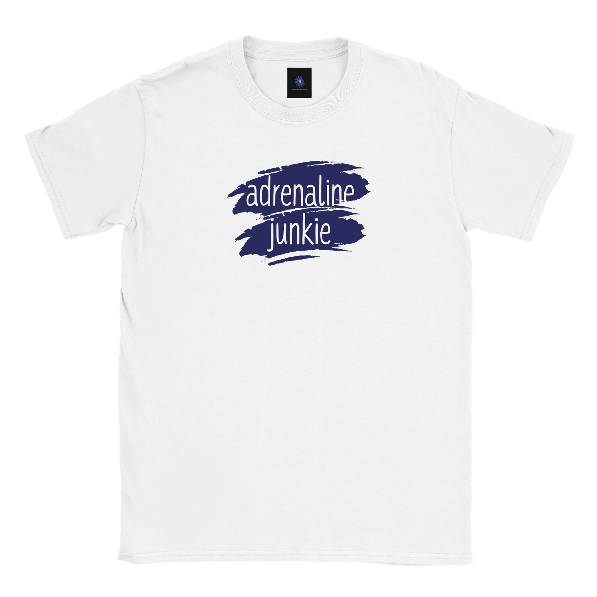 White classic cotton t-shirt with Adrenaline Junkie design