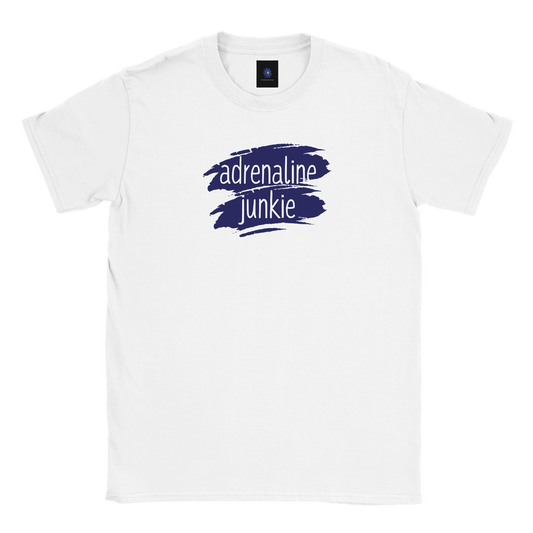 White classic cotton t-shirt with Adrenaline Junkie design