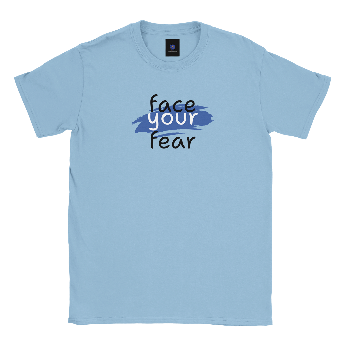 Light blue classic cotton t-shirt with a Face Your Fear design.