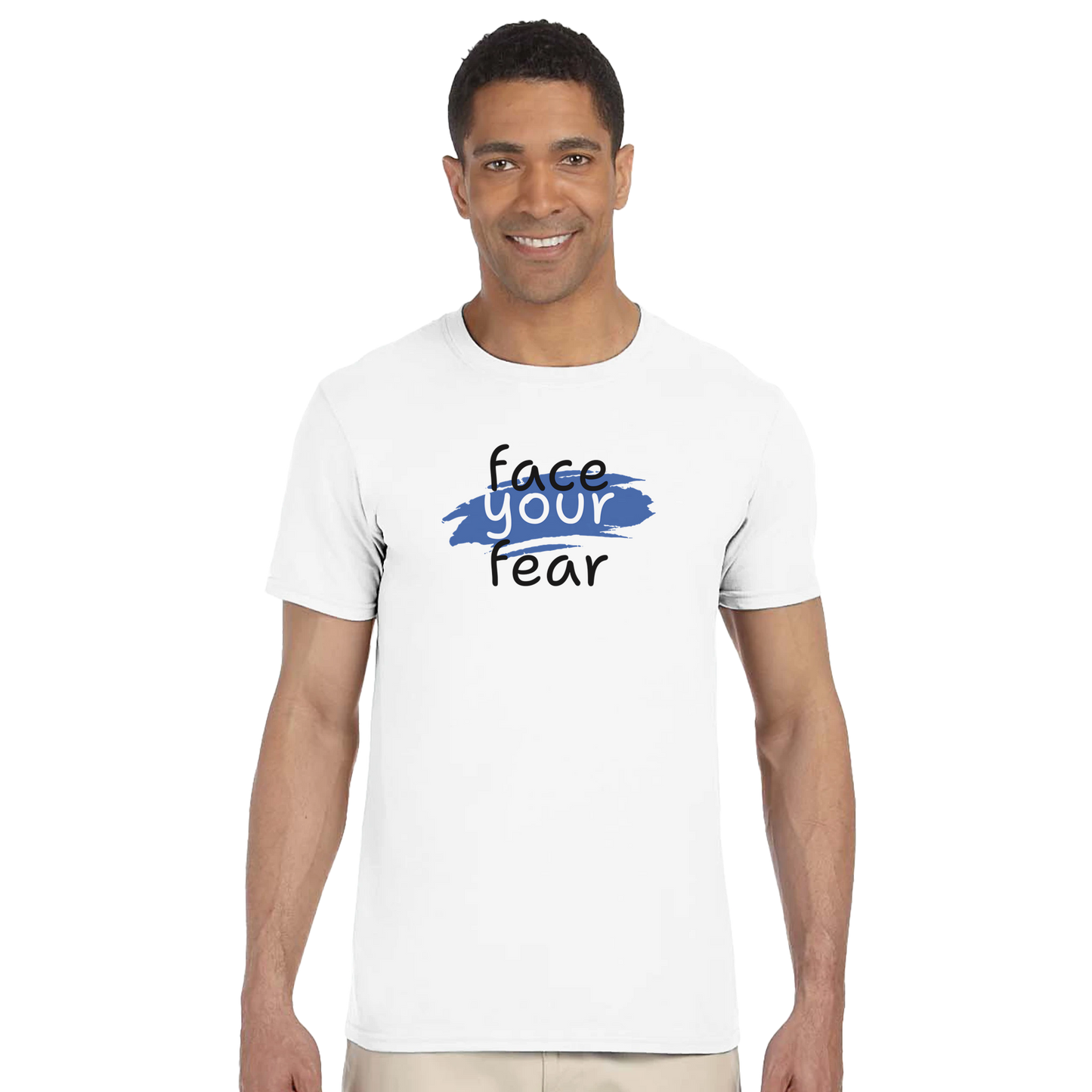 Model wearing a white classic cotton t-shirt with a Face Your Fear design.