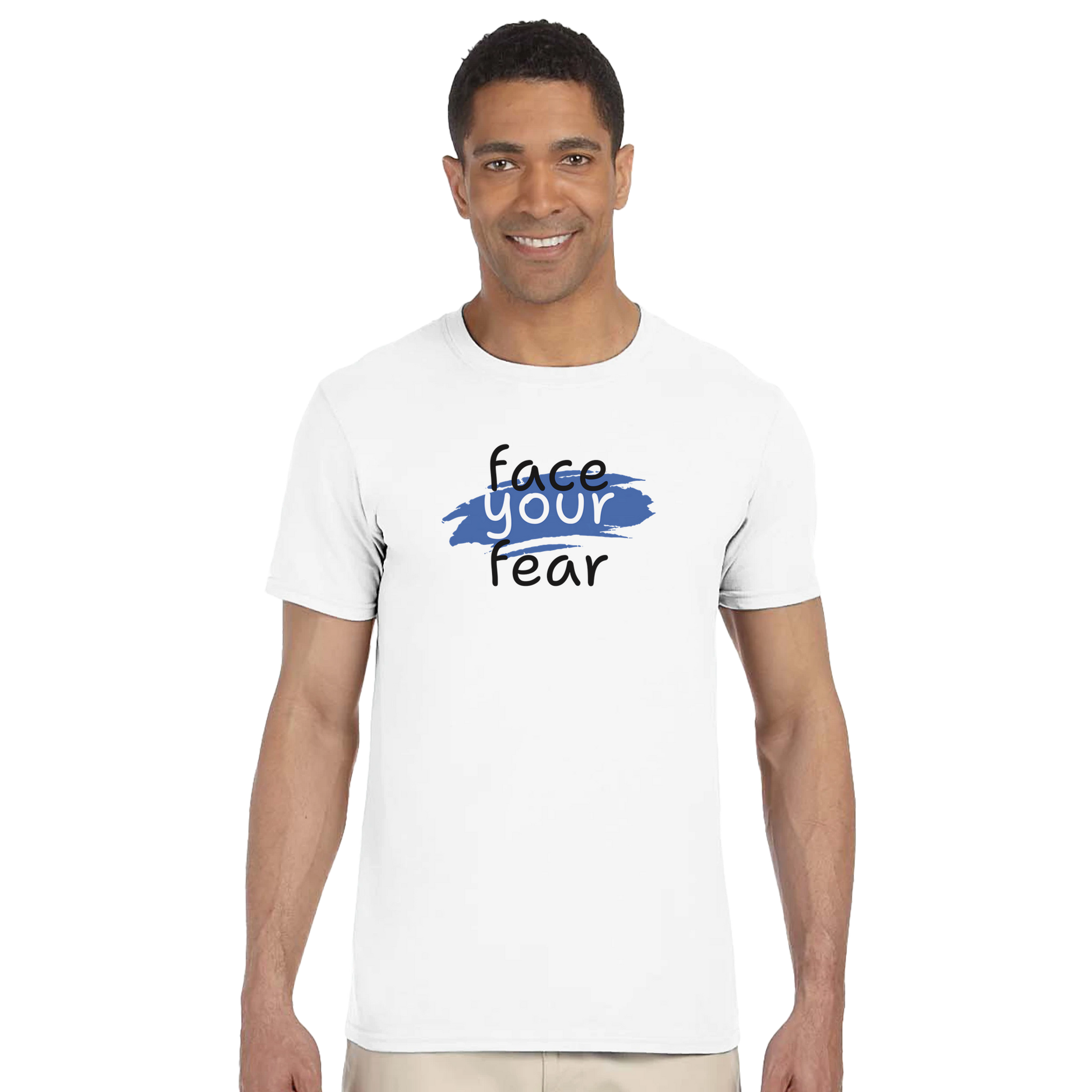 Model wearing a white classic cotton t-shirt with a Face Your Fear design.