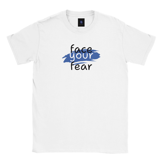 White classic cotton t-shirt with a Face Your Fear design.