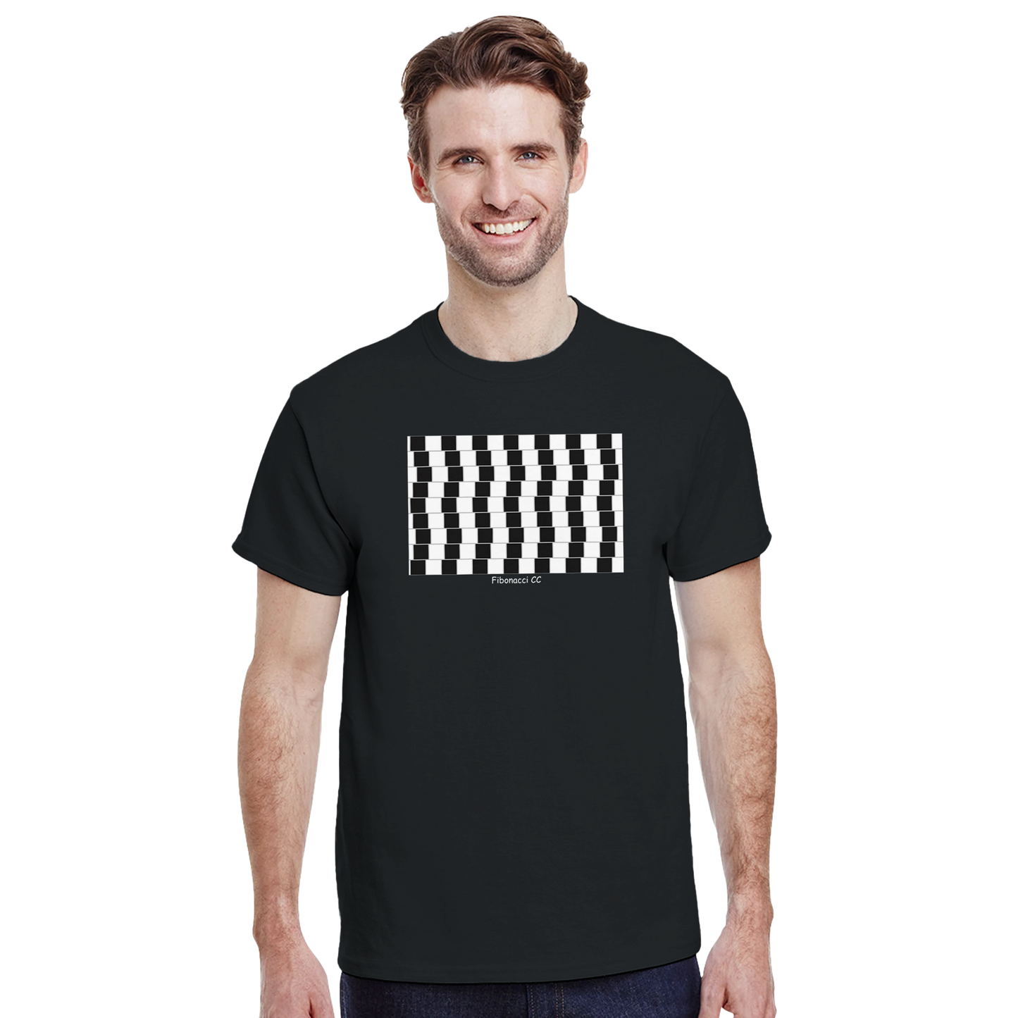 Model wearing a black heavyweight cotton t-shirt with a Fibonacci CC design