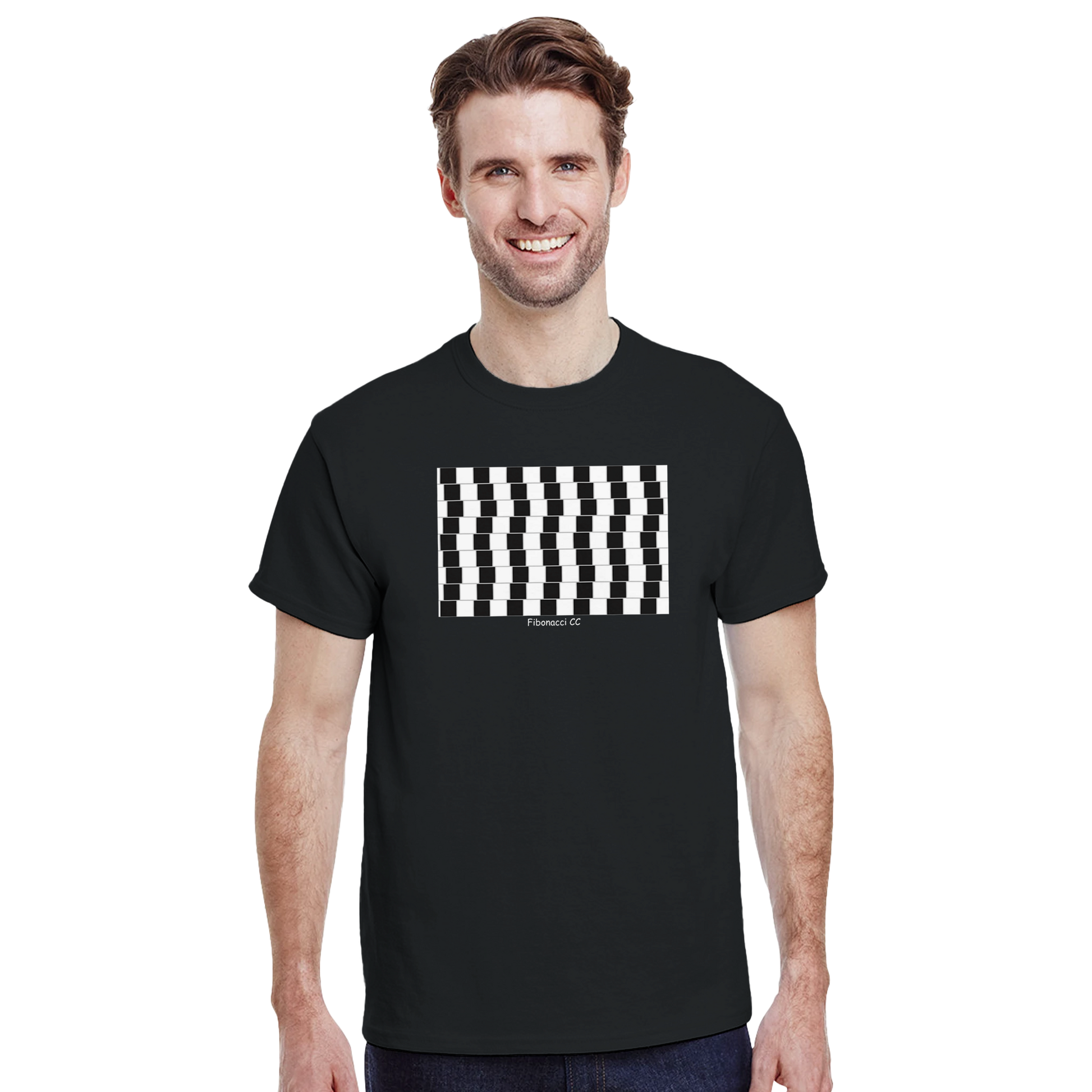 Model wearing a black heavyweight cotton t-shirt with a Fibonacci CC design