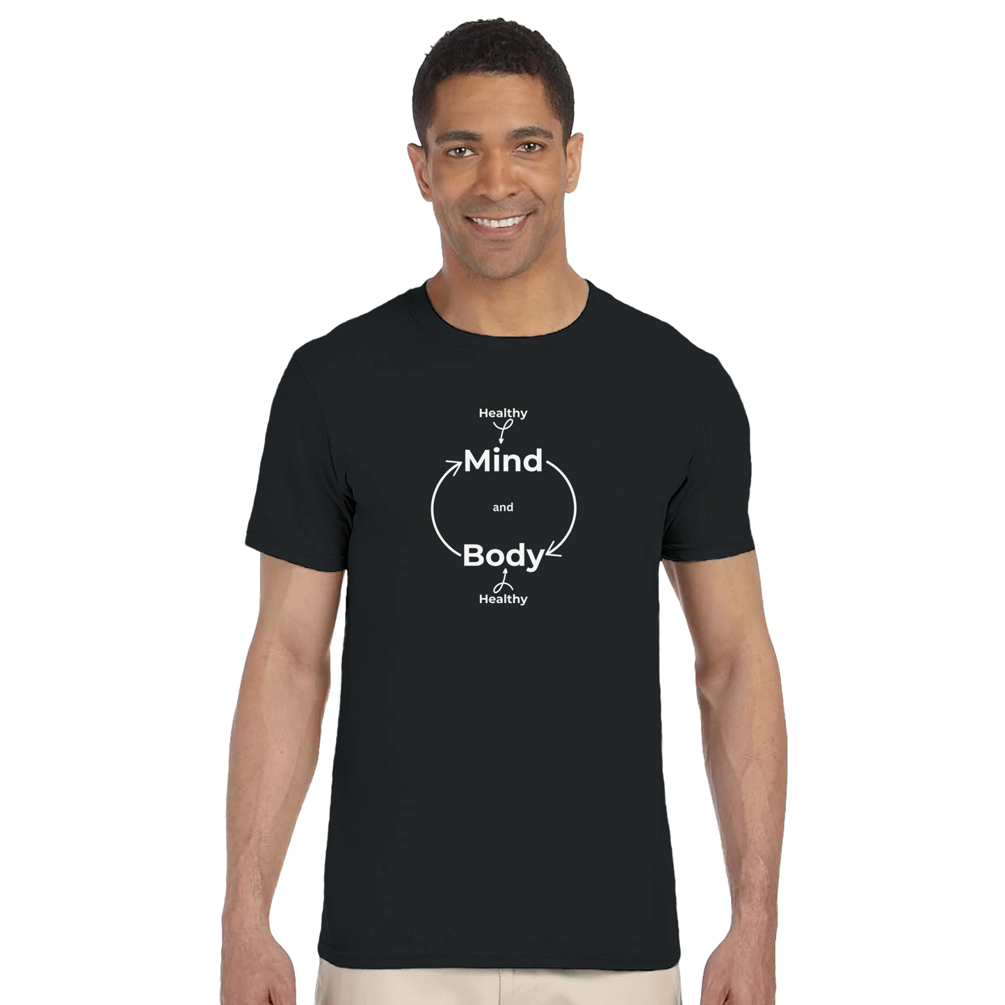 Model wearing a black classic cotton t-shirt with a Healthy Mind Body design