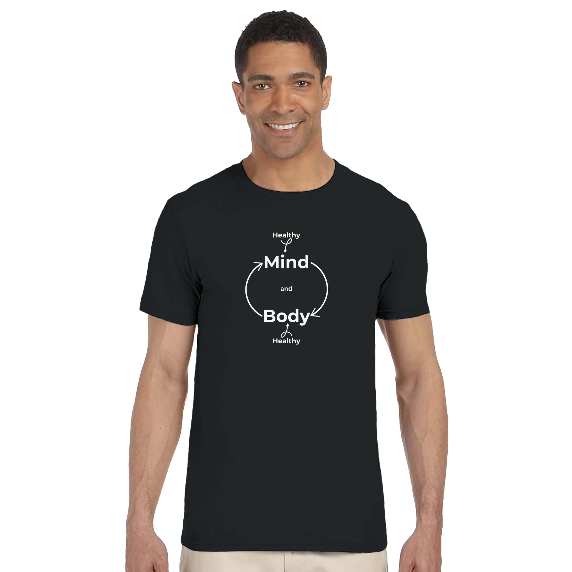 Model wearing a black classic cotton t-shirt with a Healthy Mind Body design