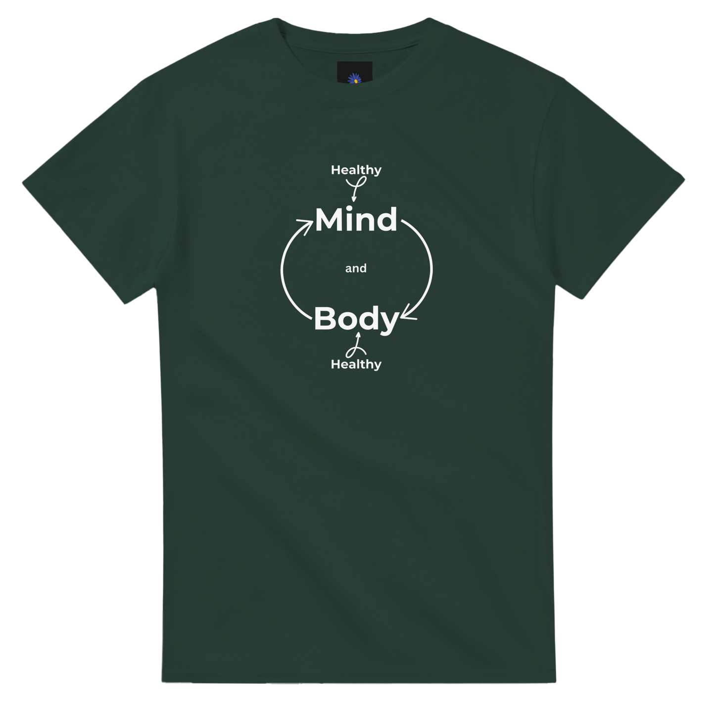 Dark green heavyweight cotton t-shirt with Healthily Mind Body design.