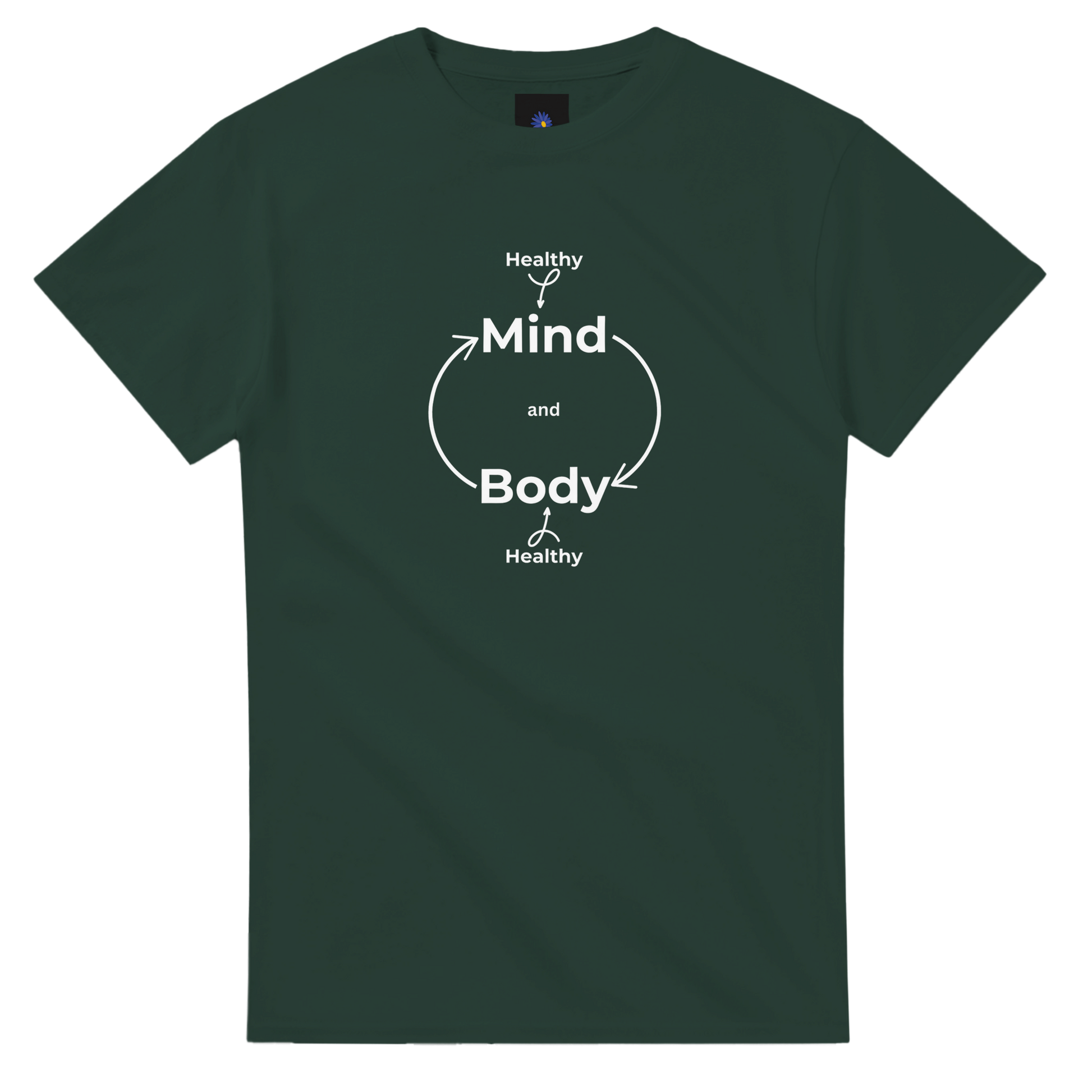 Dark green heavyweight cotton t-shirt with Healthily Mind Body design.