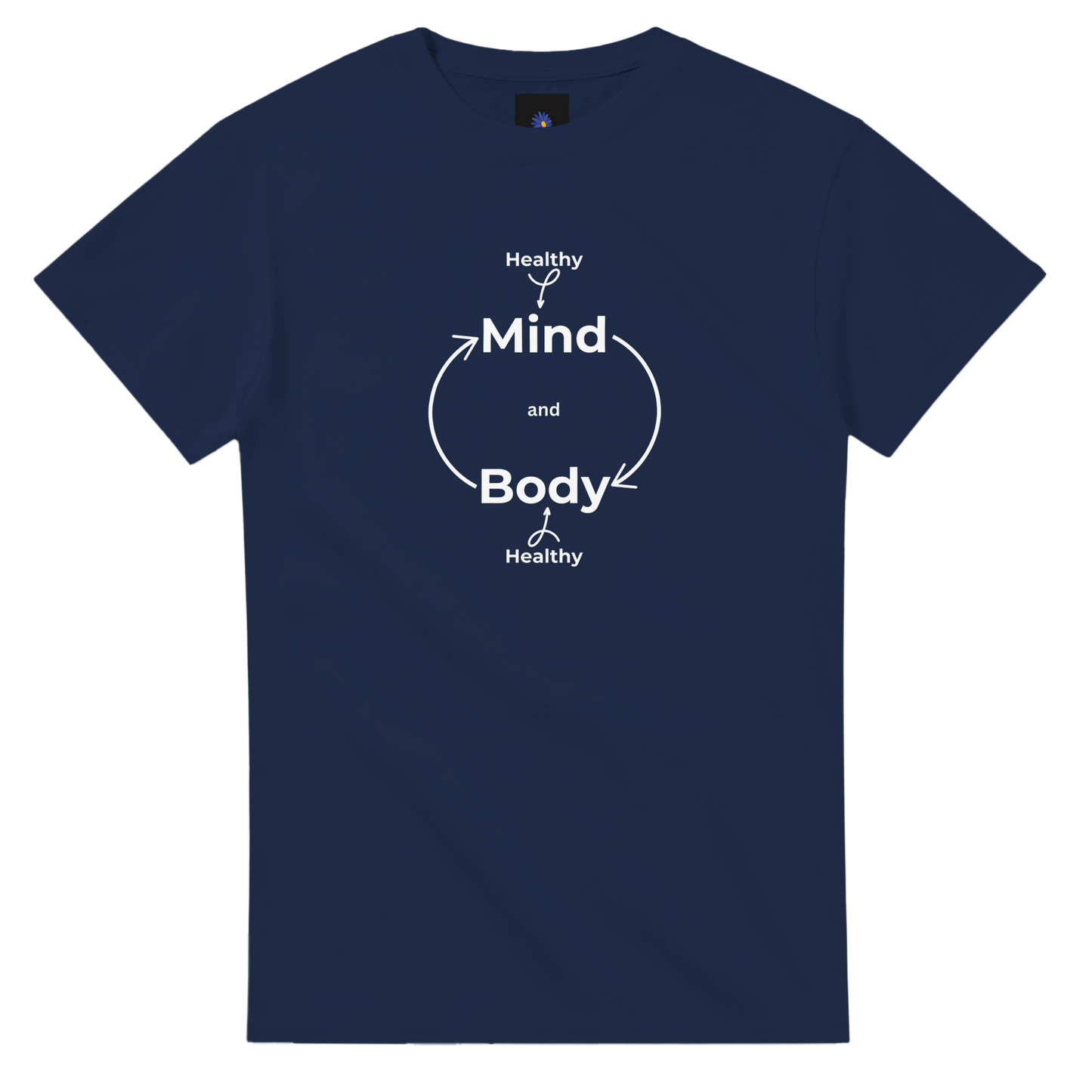 Navy heavyweight cotton t-shirt with Healthily Mind Body design.