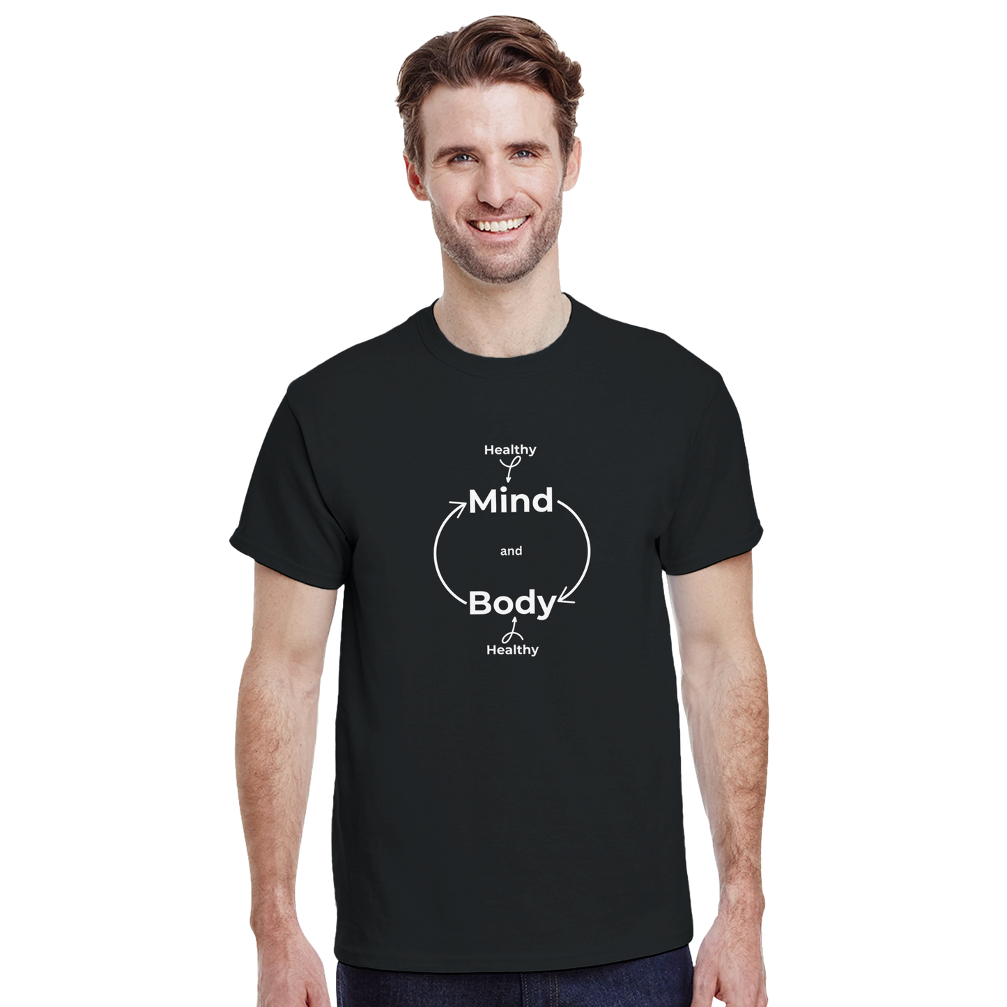 Model wearing a black heavyweight cotton t-shirt with Healthily Mind Body design.