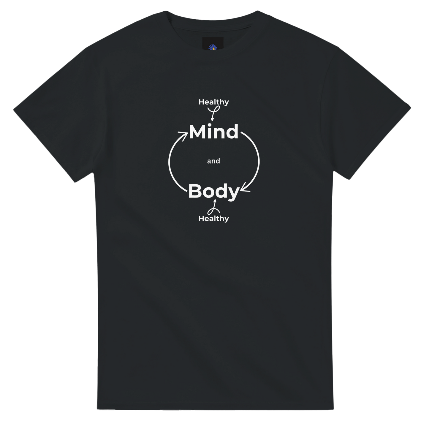 Black heavyweight cotton t-shirt with Healthily Mind Body design.