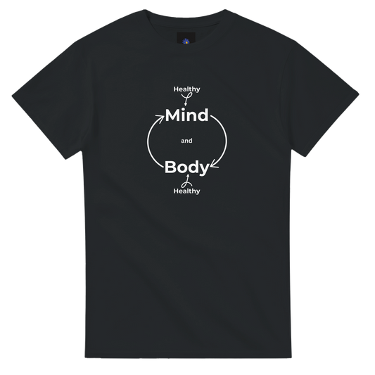 Black heavyweight cotton t-shirt with Healthily Mind Body design.