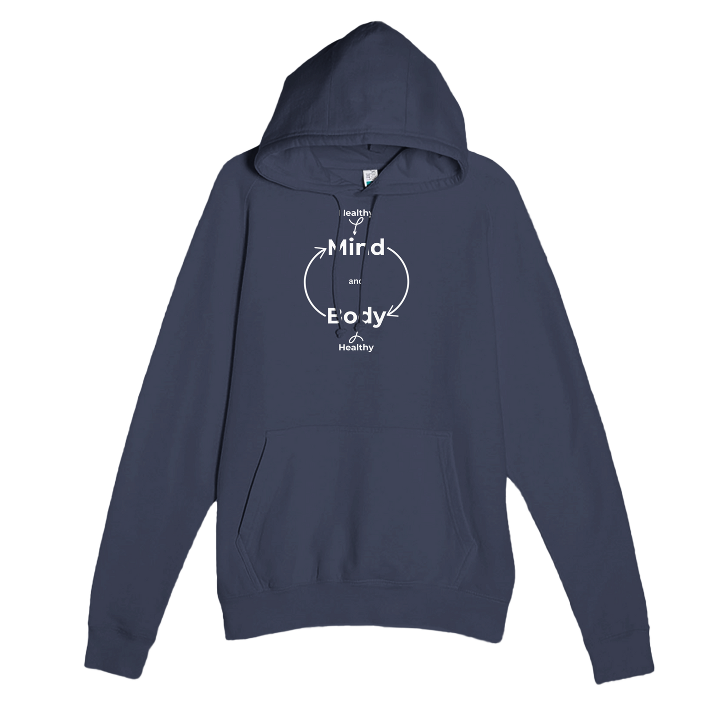 Navy premium hoodie with Healthy Mind Body design