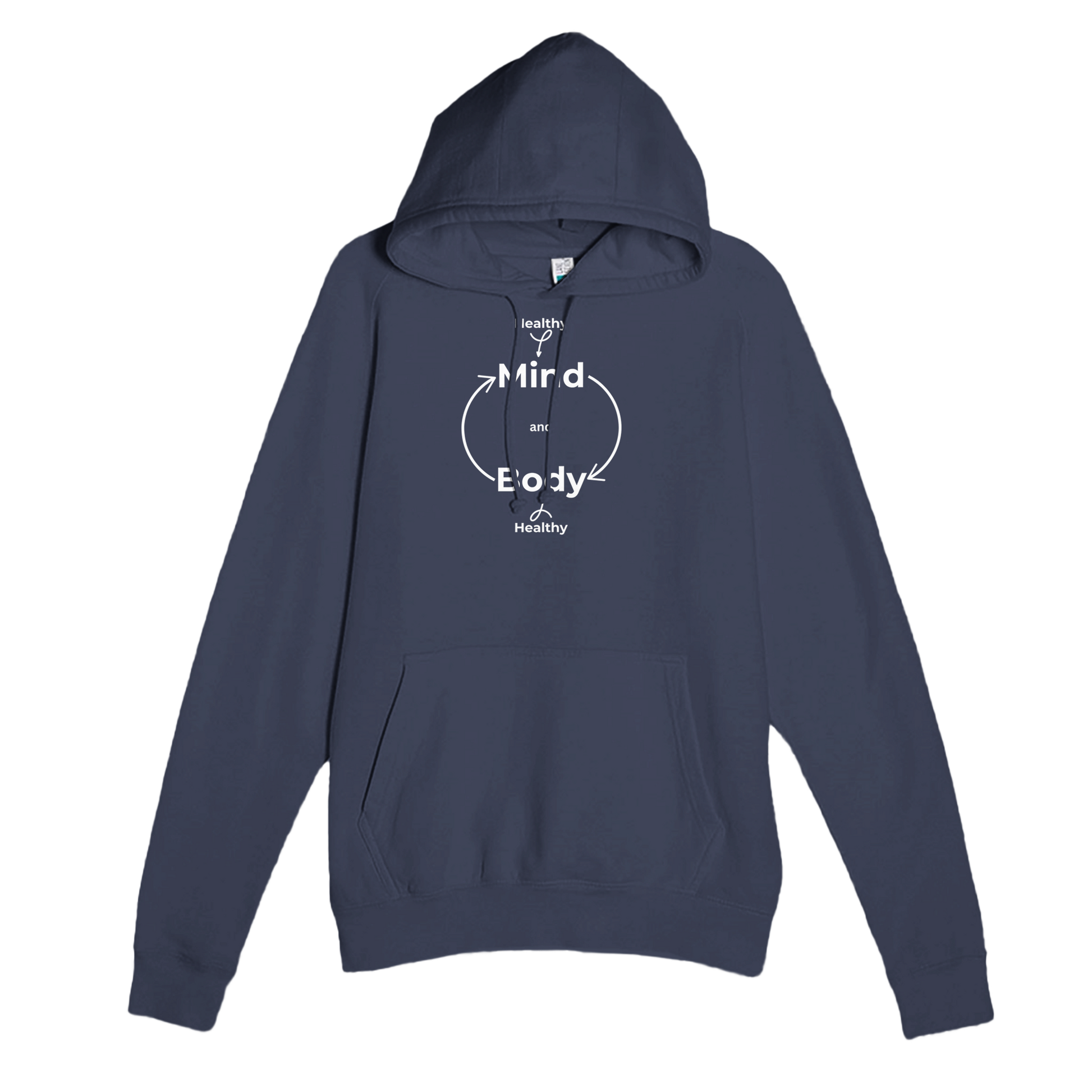 Navy premium hoodie with Healthy Mind Body design