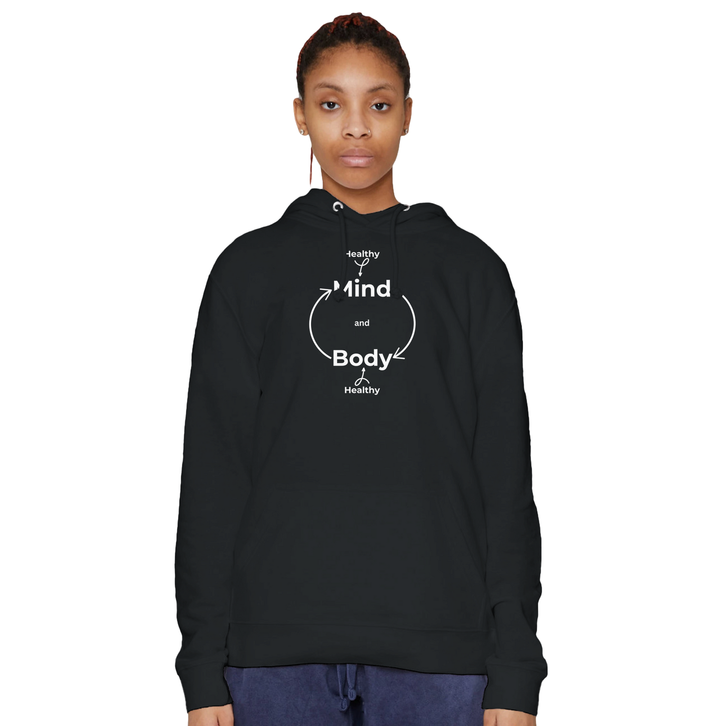 Female model wearing a black premium hoodie with Healthy Mind Body design