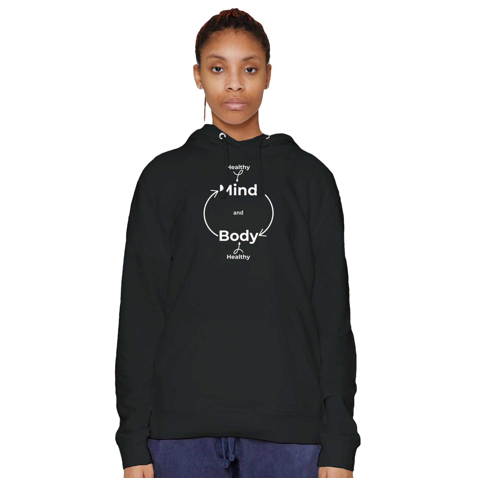 Female model wearing a black premium hoodie with Healthy Mind Body design