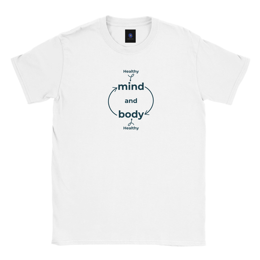 White classic cotton t-shirt with Healthy Mind Body design