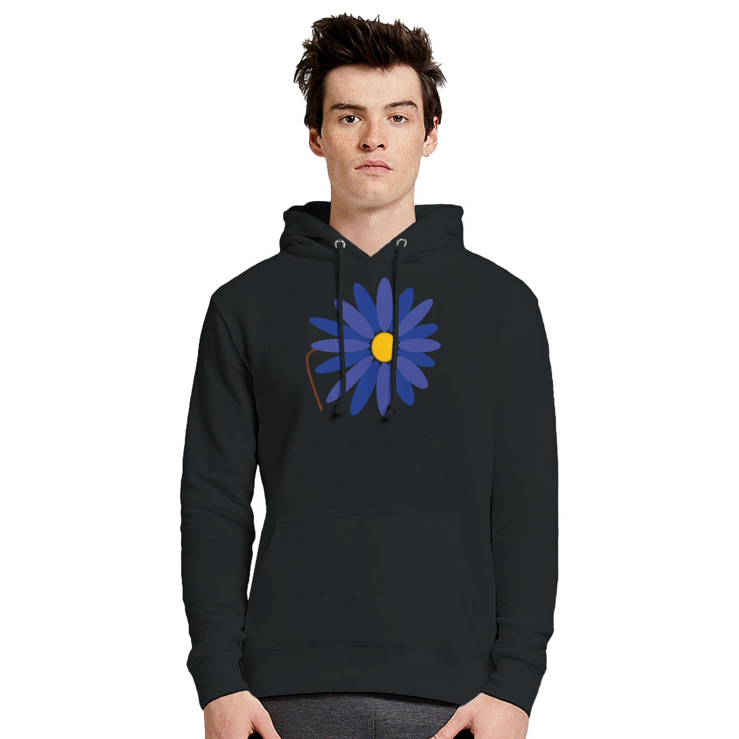 Male model wearing black Premium Pullover Hoodie with Lotus Logo design