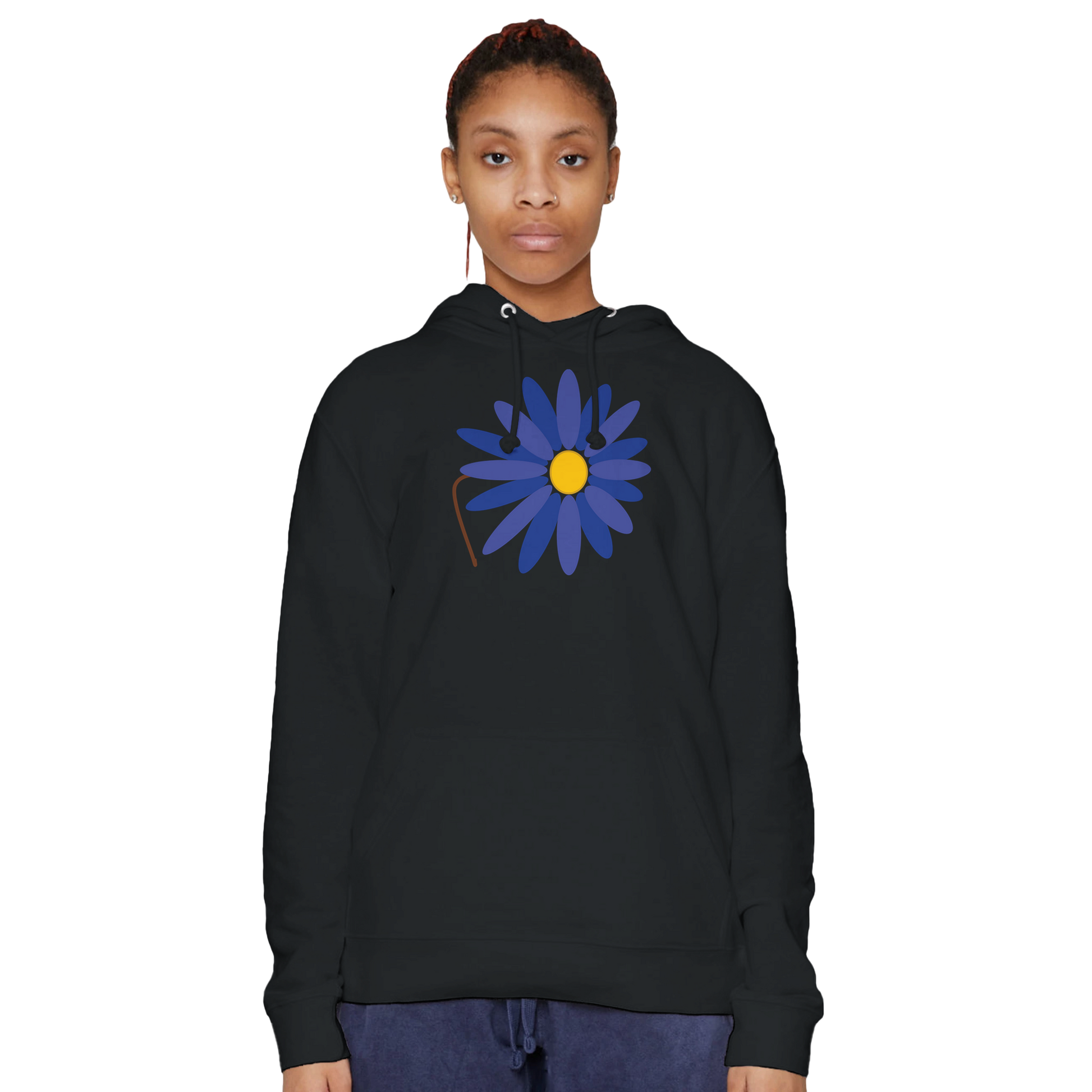 Female model wearing black Premium Pullover Hoodie with Lotus Logo design