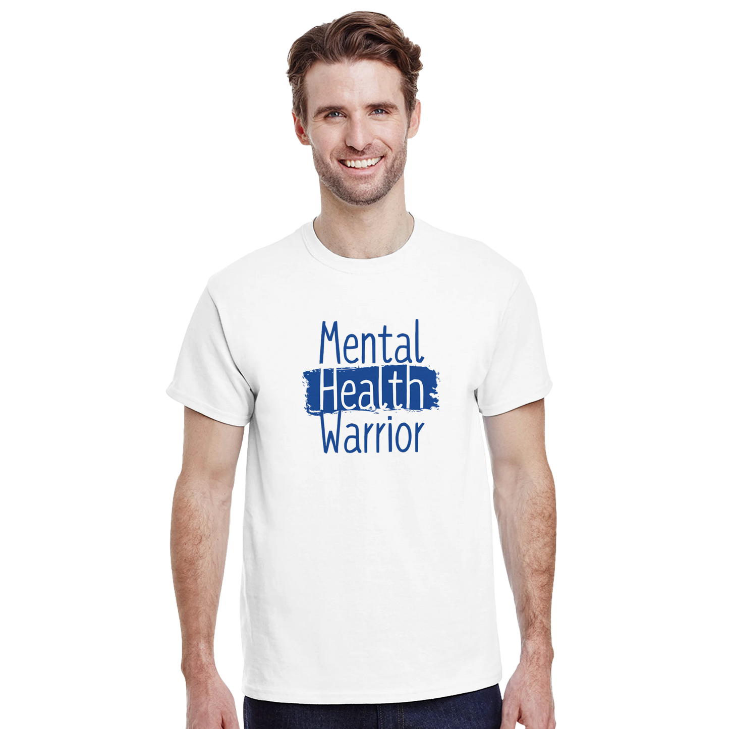 Model wearing a white classic cotton t-shirt with Mental Health Warrior design