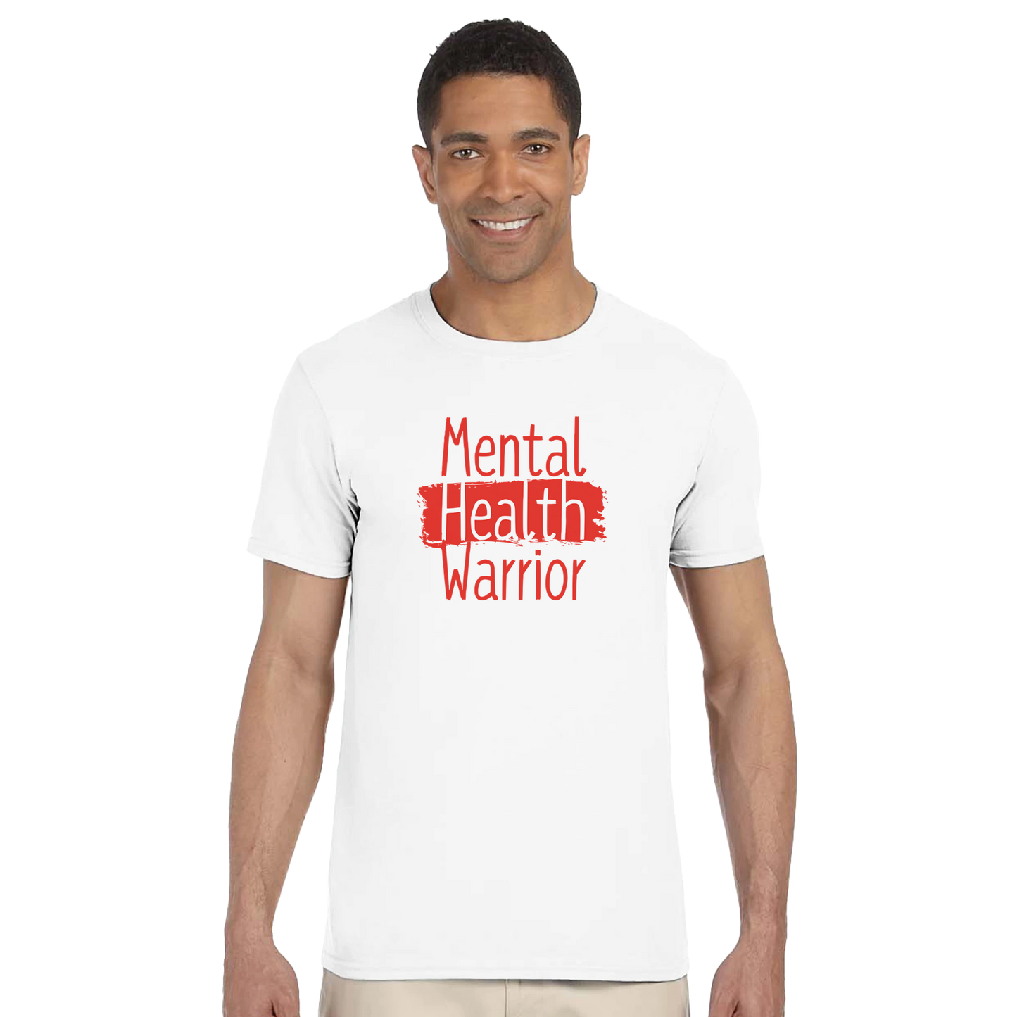 Model wearing white classic cotton t-shirt with Mental Health Warrior graphic