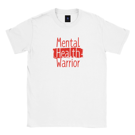 White classic cotton t-shirt with Mental Health Warrior graphic