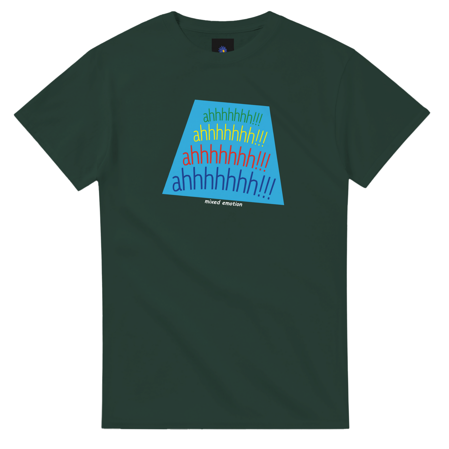 Dark green heavyweight cotton t-shirt with a Mixed Emotion design