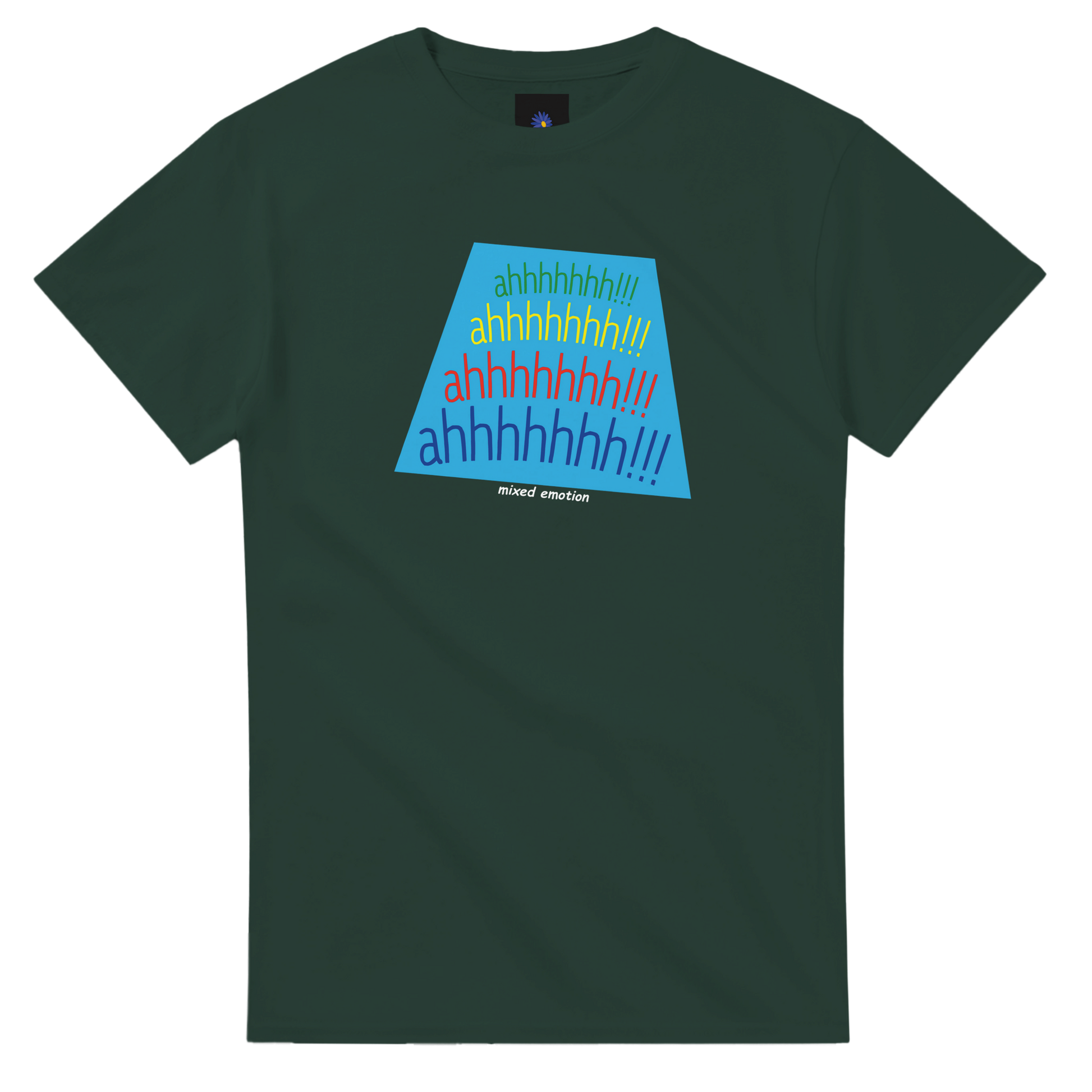 Dark green heavyweight cotton t-shirt with a Mixed Emotion design