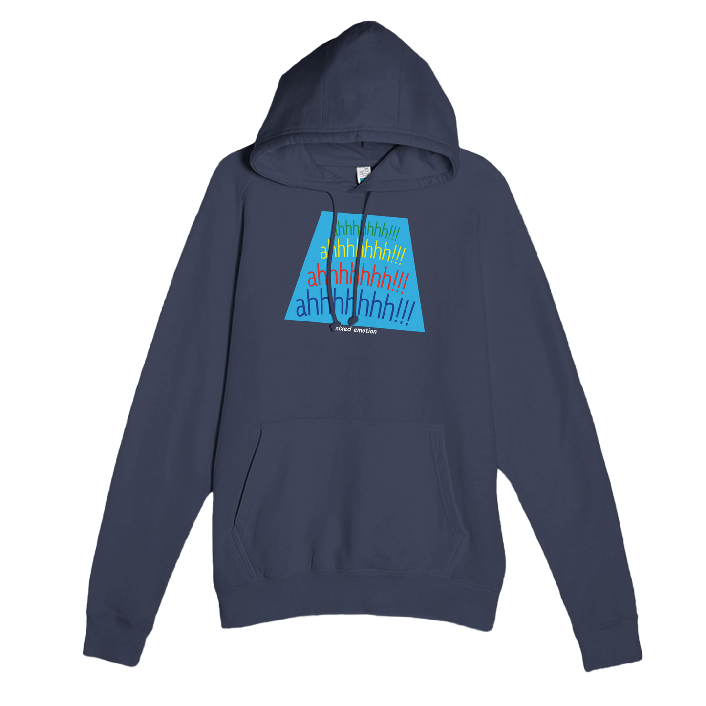 Navy premium hoodie with Mixed Emotions design