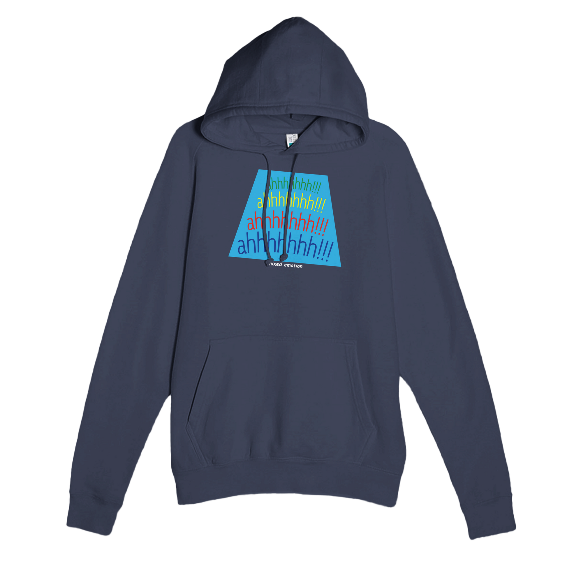 Navy premium hoodie with Mixed Emotions design