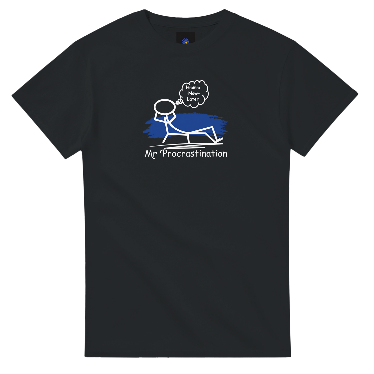 Black heavyweight cotton t-shirt with Mr Procrastination design