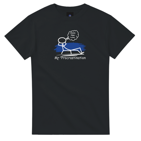 Black heavyweight cotton t-shirt with Mr Procrastination design