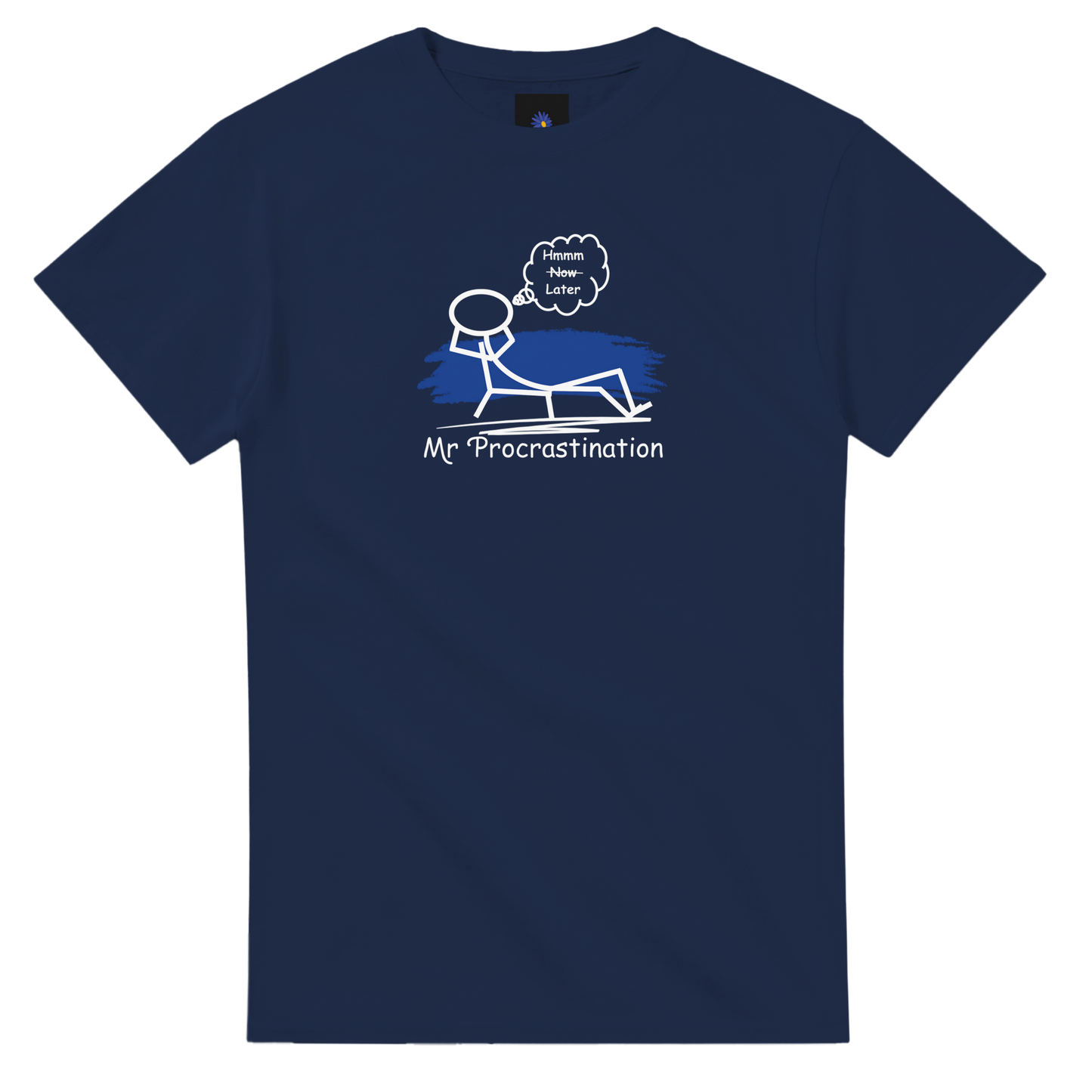 Navy heavyweight cotton t-shirt with Mr Procrastination design