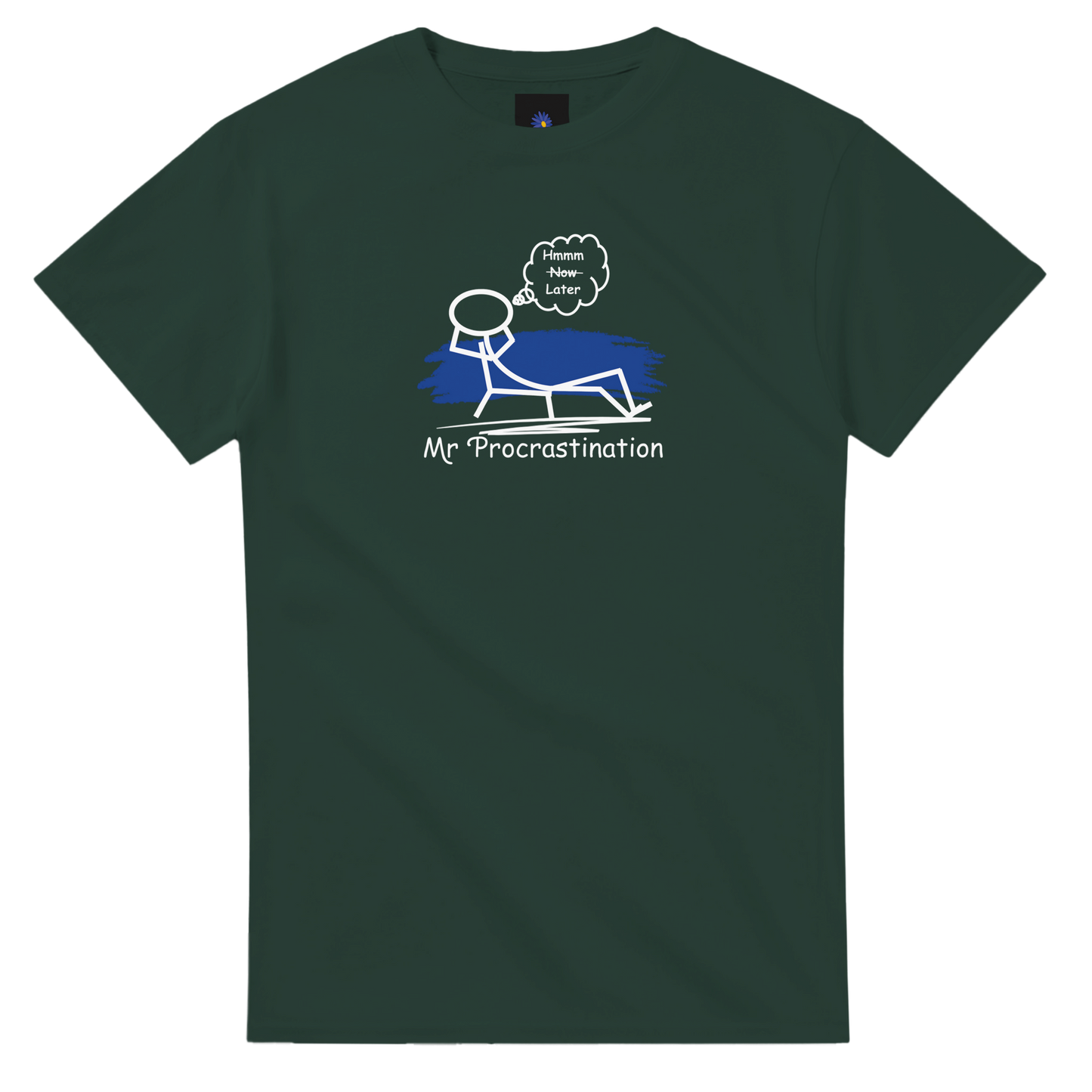 Dark green heavyweight cotton t-shirt with Mr Procrastination design