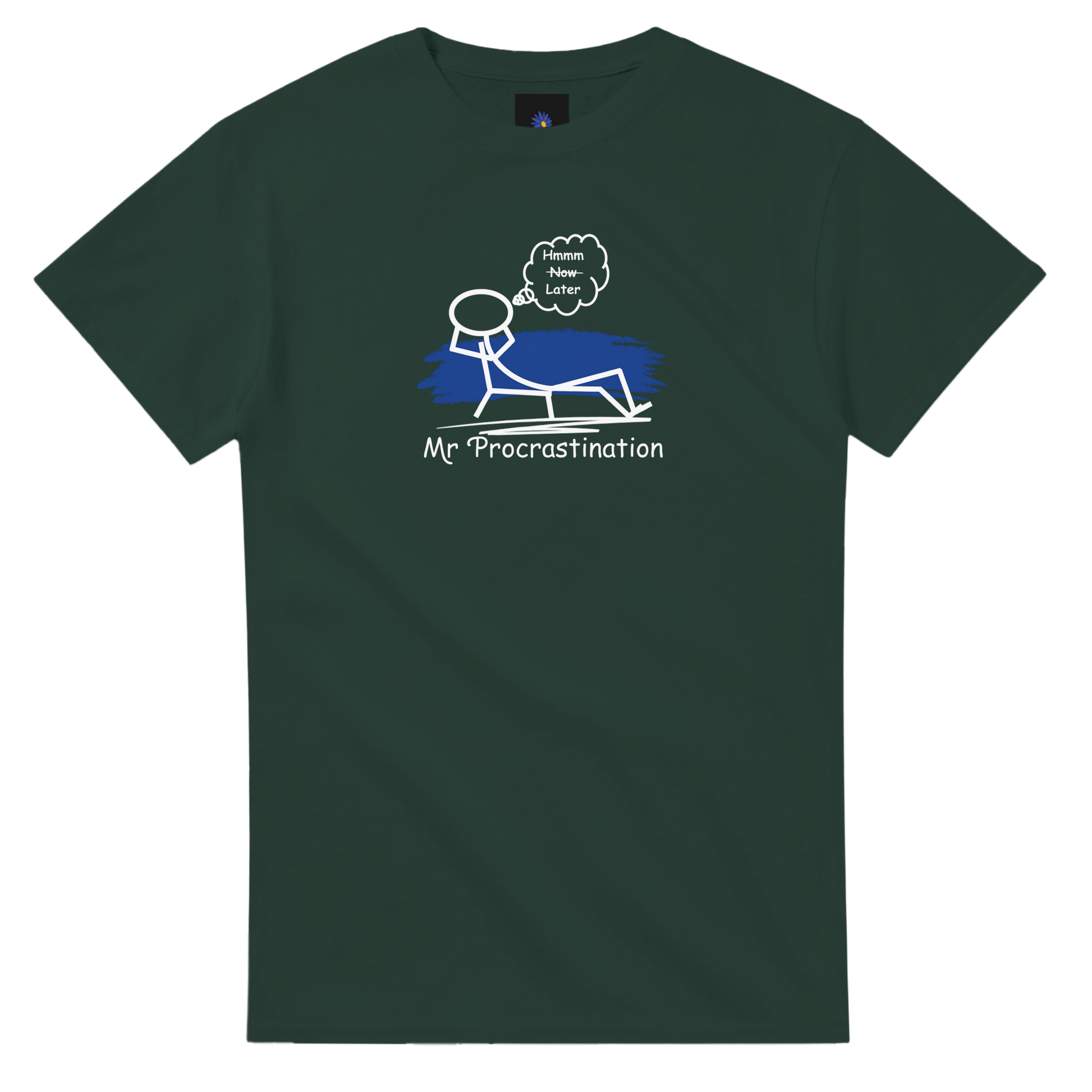 Dark green heavyweight cotton t-shirt with Mr Procrastination design