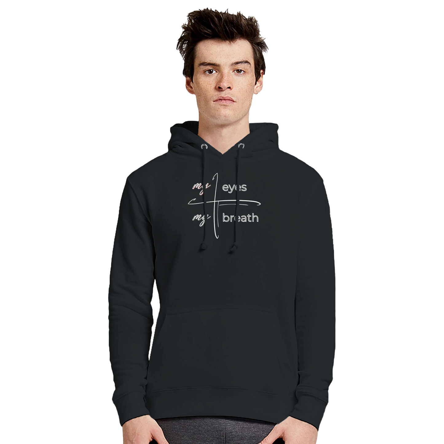 Male model wearing a black premium hoodie with My Eyes design