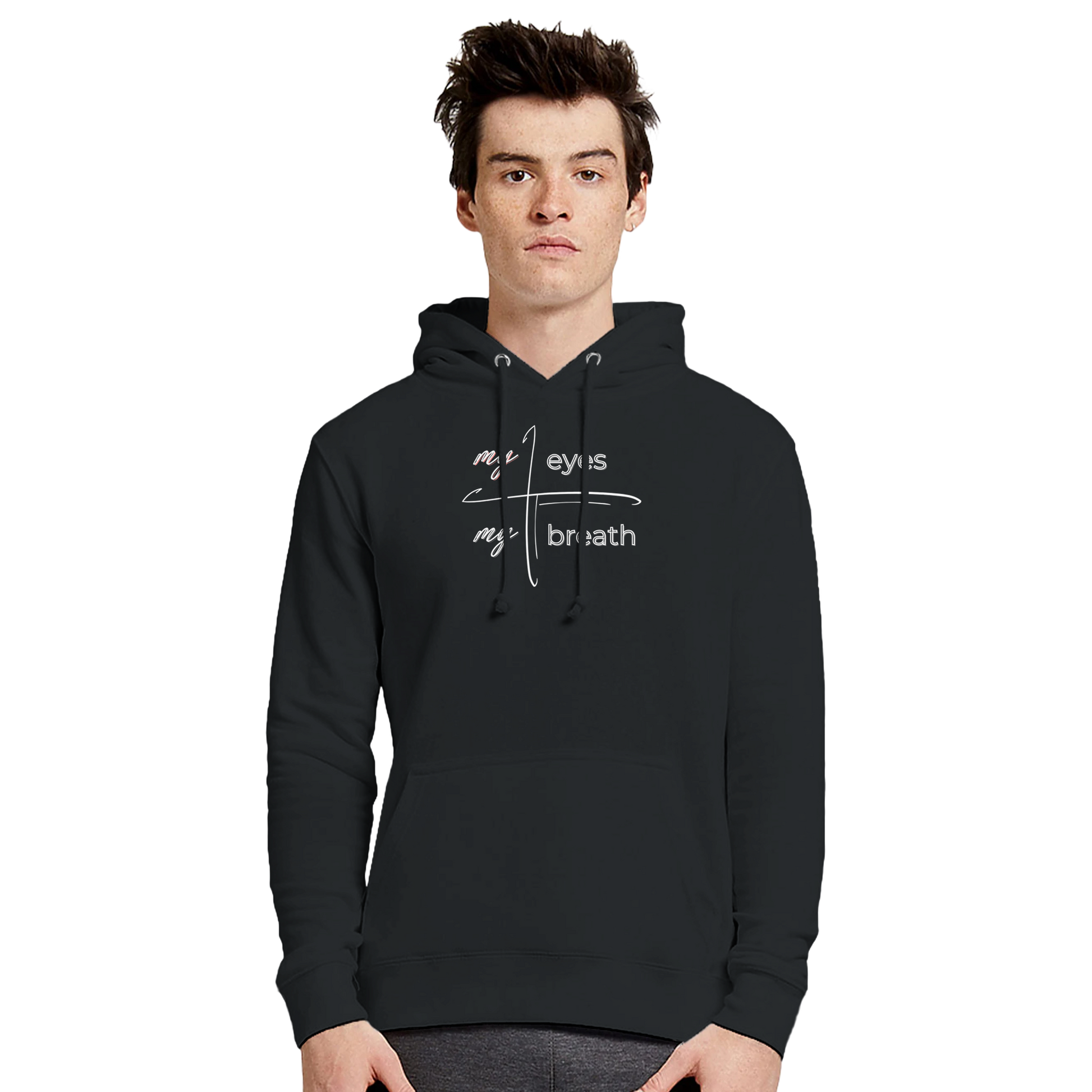 Male model wearing a black premium hoodie with My Eyes design