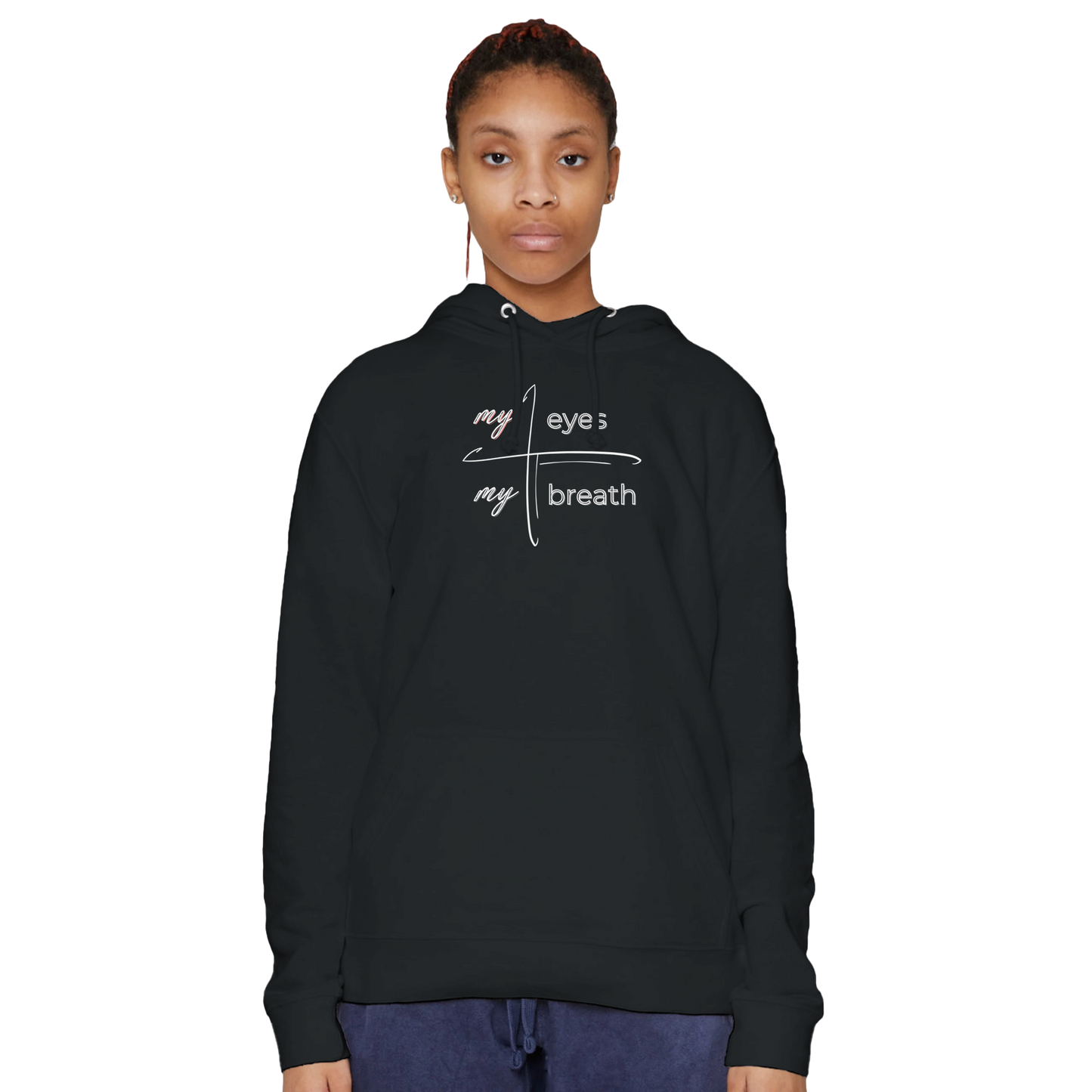 Female model wearing a black premium hoodie with My Eyes design