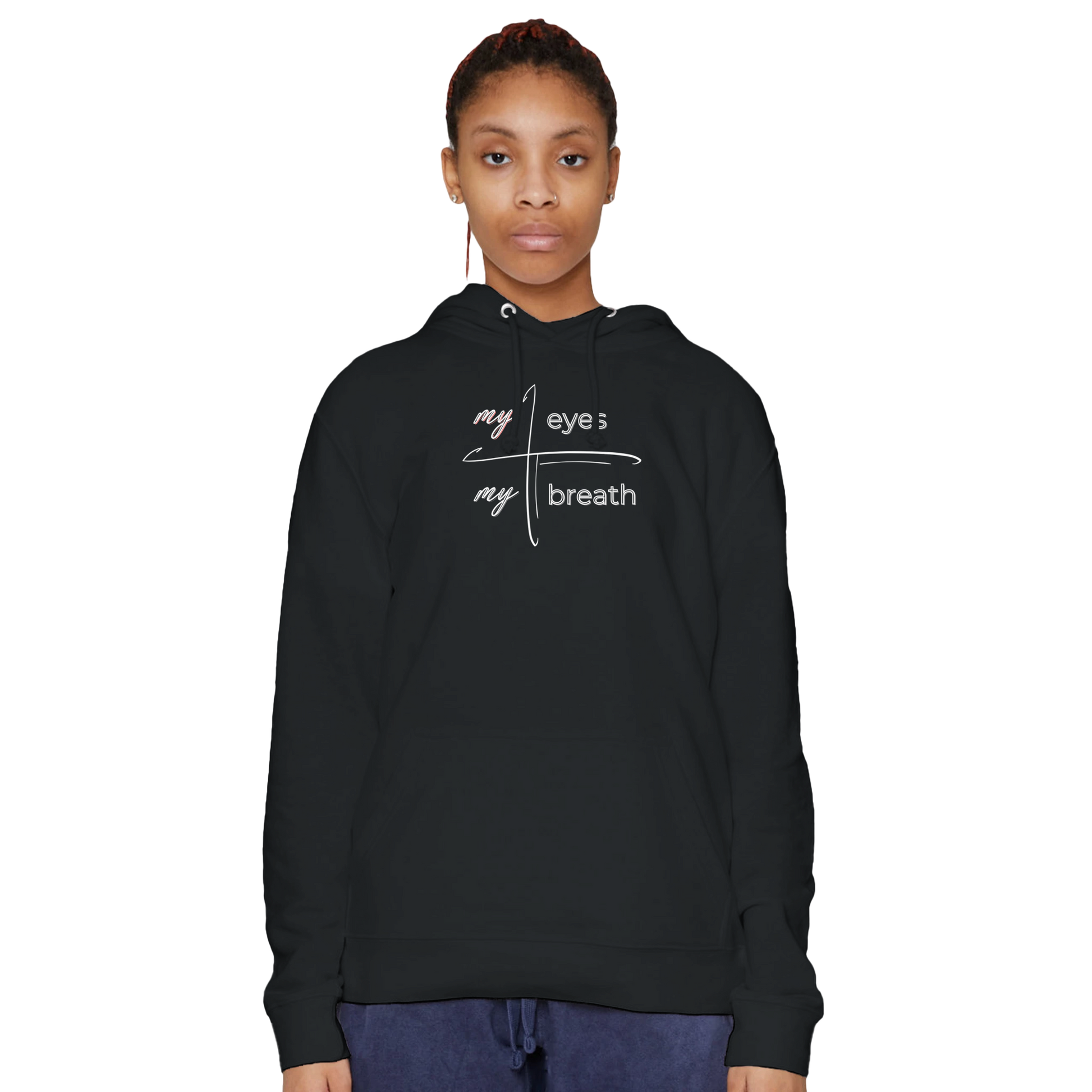 Female model wearing a black premium hoodie with My Eyes design