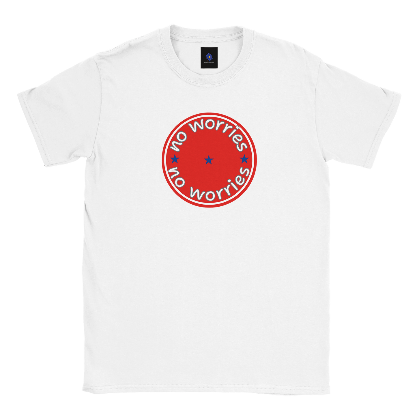 White classic cotton t-shirt with a No Worries design