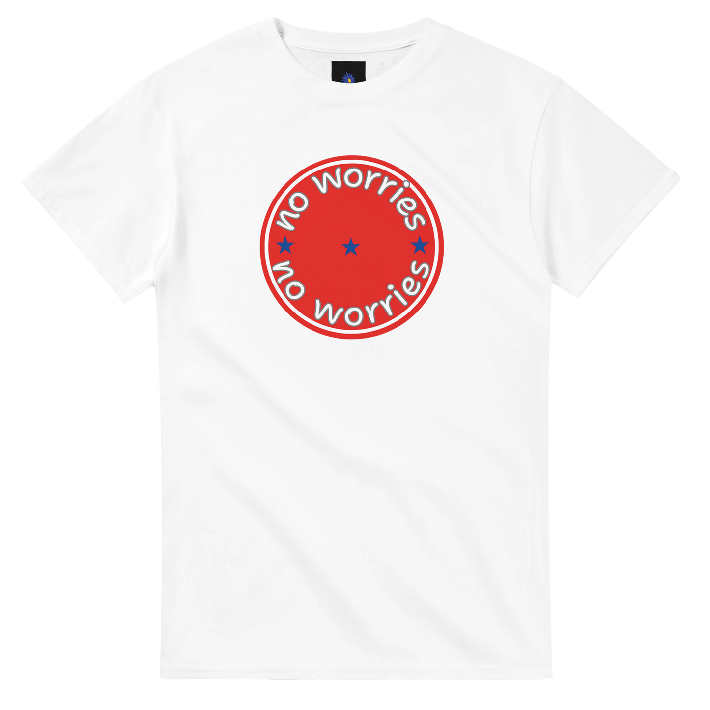 White heavyweight cotton t-shirt with a No Worries design