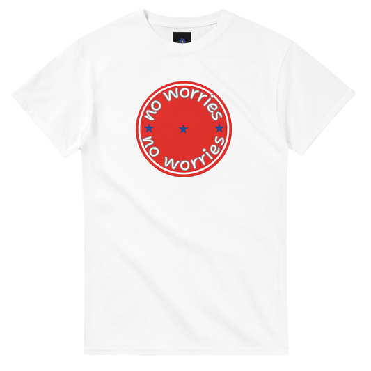 White heavyweight cotton t-shirt with a No Worries design