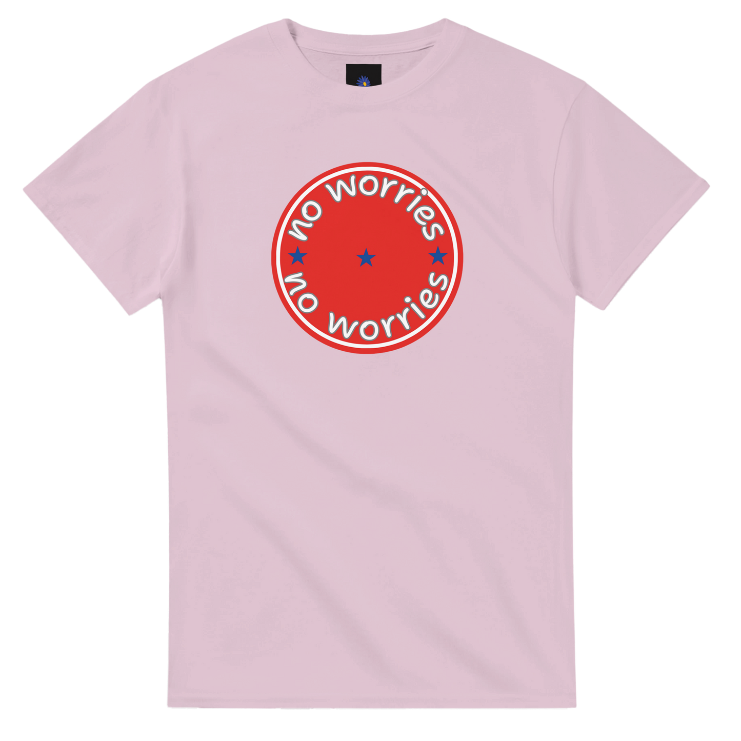 Pink heavyweight cotton t-shirt with a No Worries design