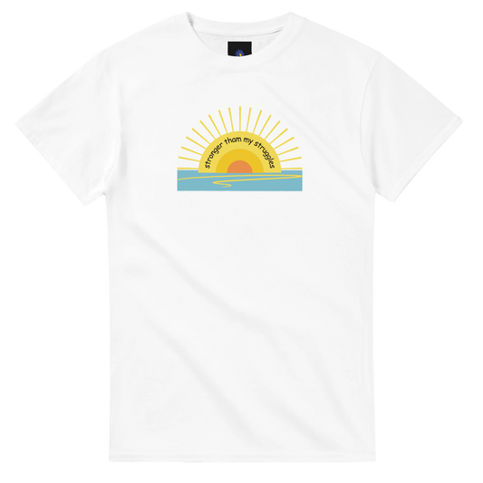 White heavyweight cotton t-shirt with Sun Rise design