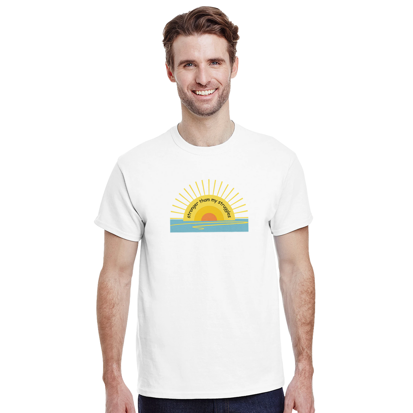 Model wearing a white heavyweight cotton t-shirt with Sun Rise design