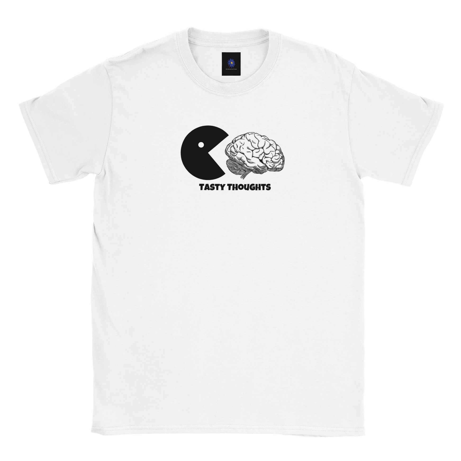 White classic cotton t-shirt with Tasty Thoughts design.