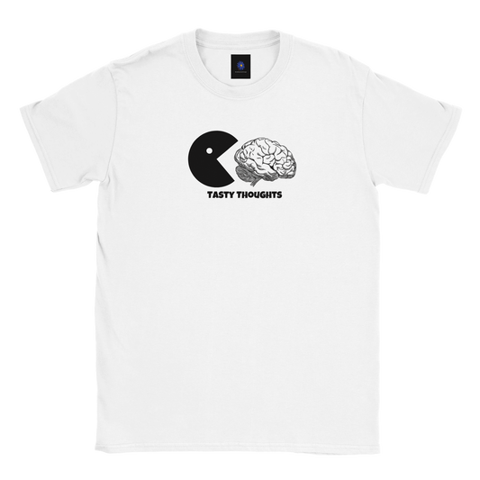 White classic cotton t-shirt with Tasty Thoughts design.