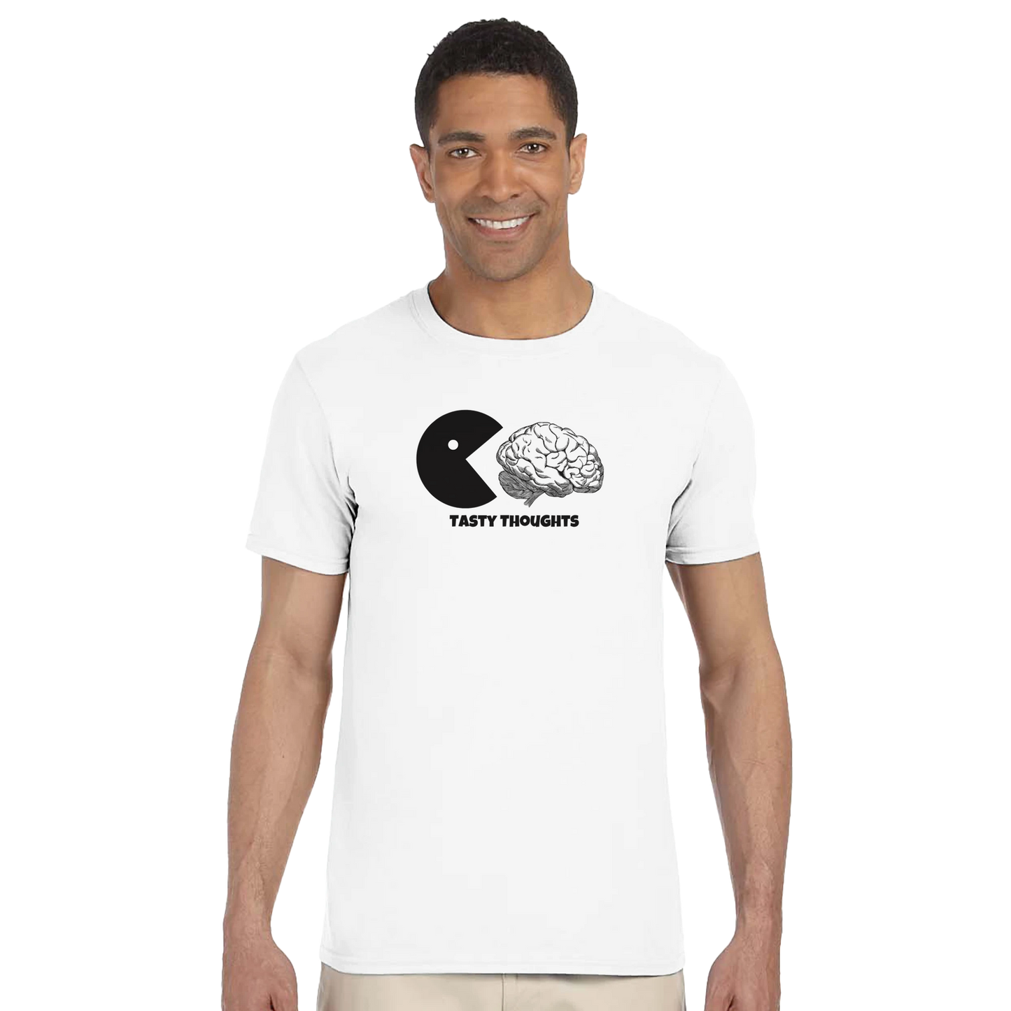 Model wearing a white classic cotton t-shirt with Tasty Thoughts design.